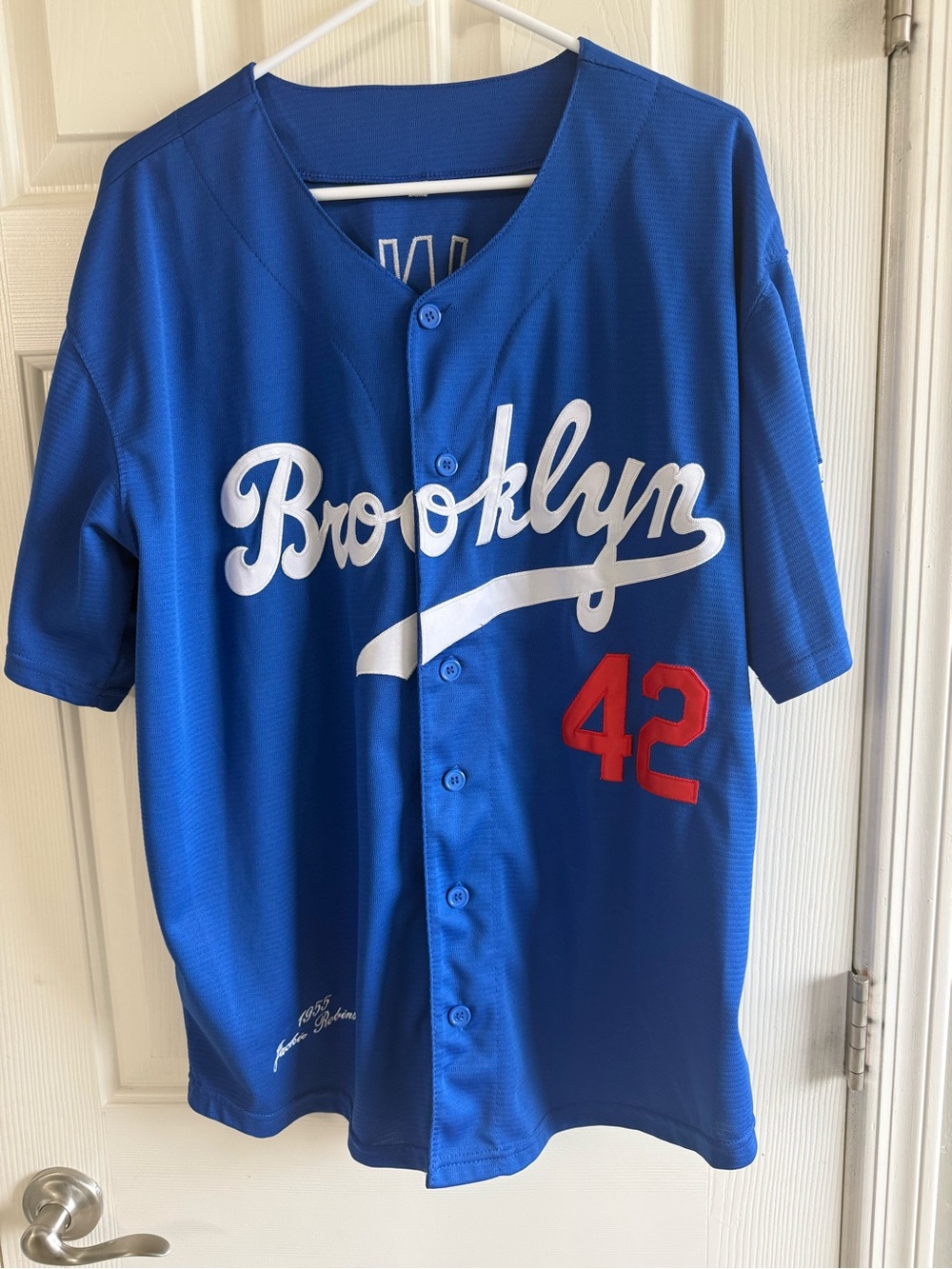 Brooklyn Dodger Jackie Robinson Blue Baseball Jersey with Red 42